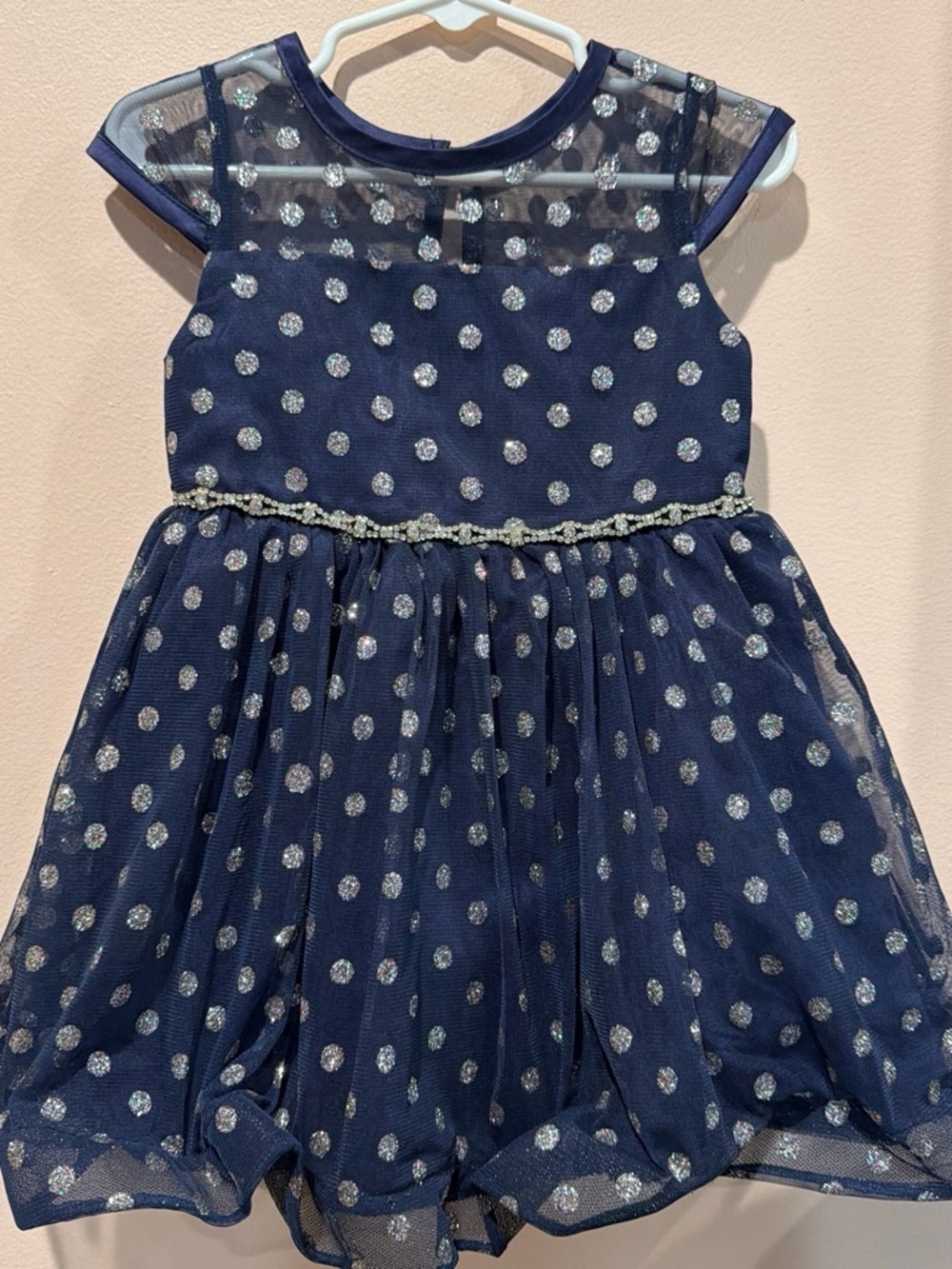 Rare Editions Navy Blue Polka Dot Mesh Party Dress with Sparkle Waist